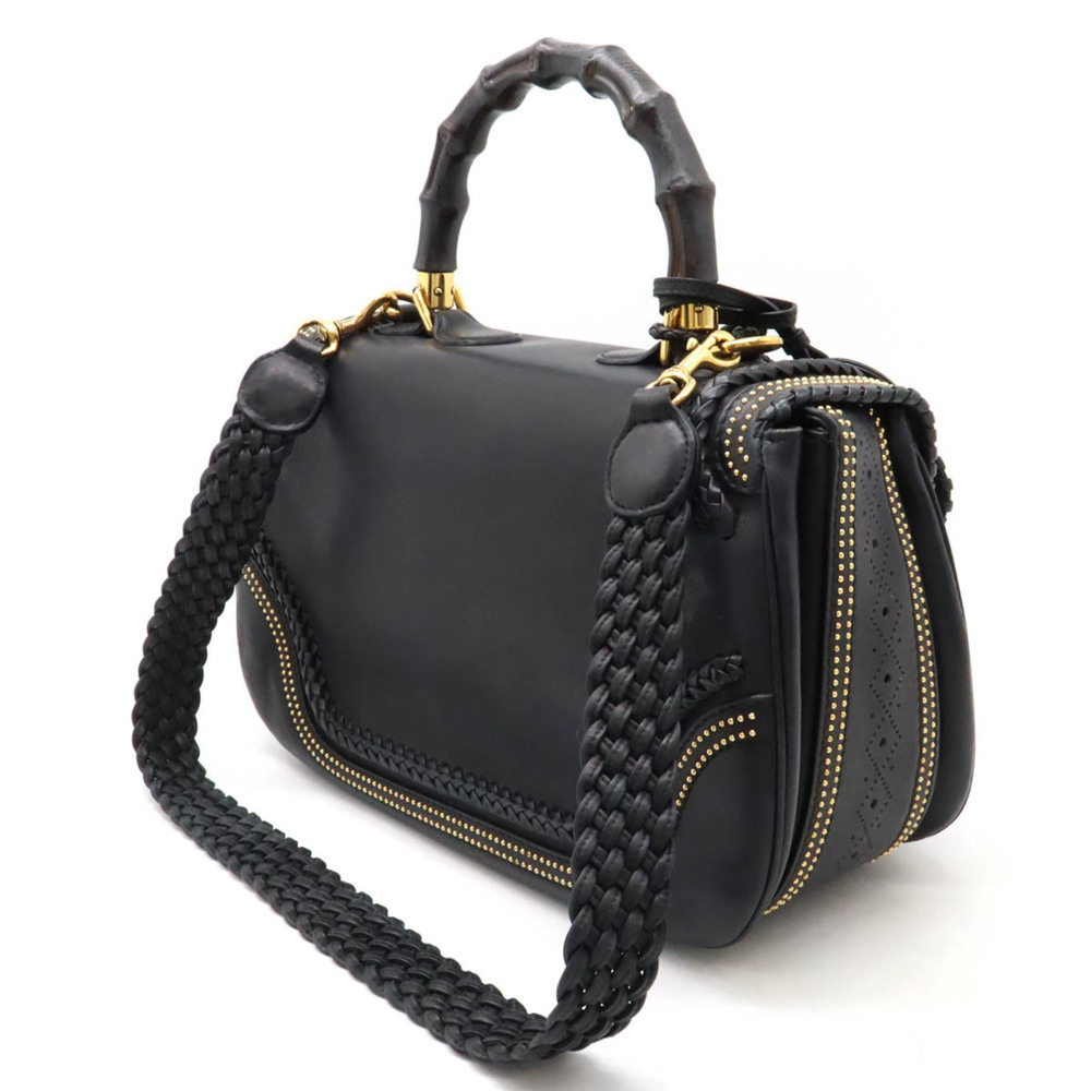 GUCCI New Bamboo Handbag Shoulder Bag Studs Tassel Leather Black 263959 - Picture 3 of 10